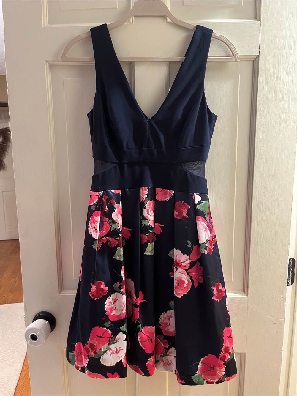 Xscape Navy Floral V-Neck Fit-and-Flare Mini Dress